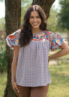 Brown and White Check Embroidered Tatum Top