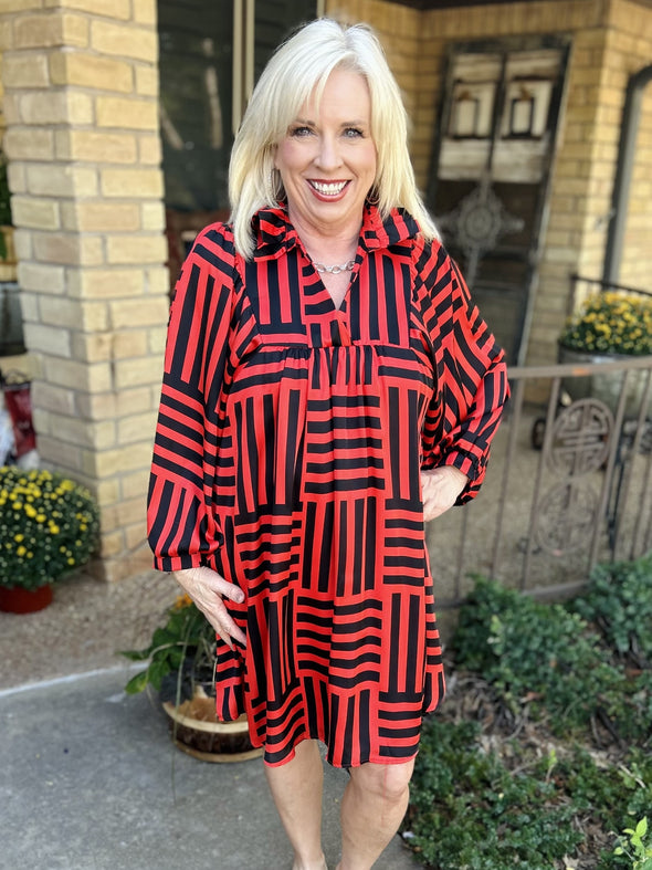 Savannah Red and Black Stripe Ruffle Collar Dress