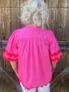 Pink Puff Sleeve Top With Red Rickrack Trim