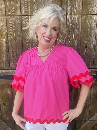 Pink Puff Sleeve Top With Red Rickrack Trim