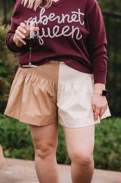 Queen of Sparkles Leather Swing Shorts in Tan & White