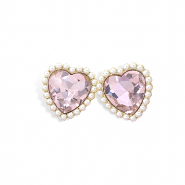 Pink Crystal Heart and Pearl Stud Earrings