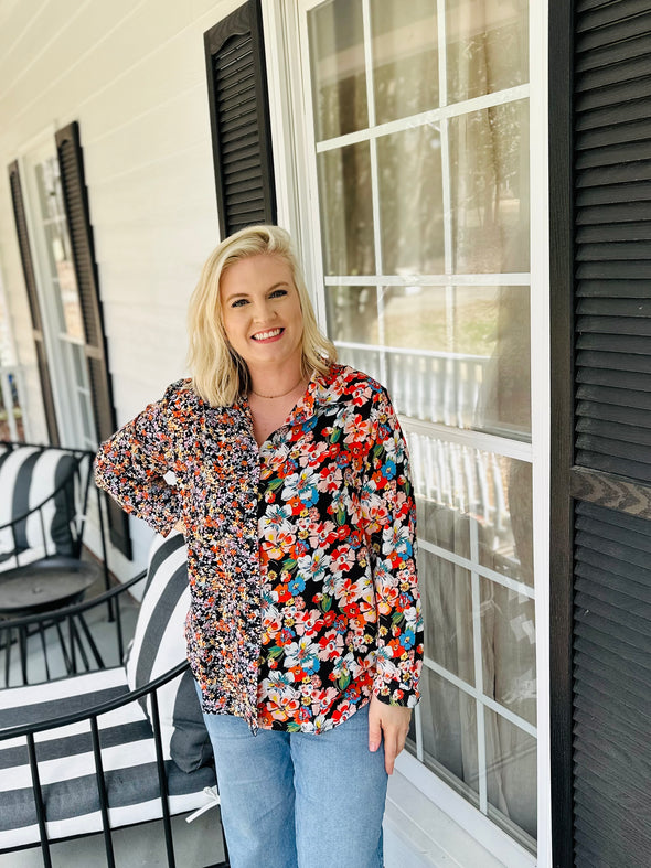 Gigi Floral Button Up Top Multi Color on Black